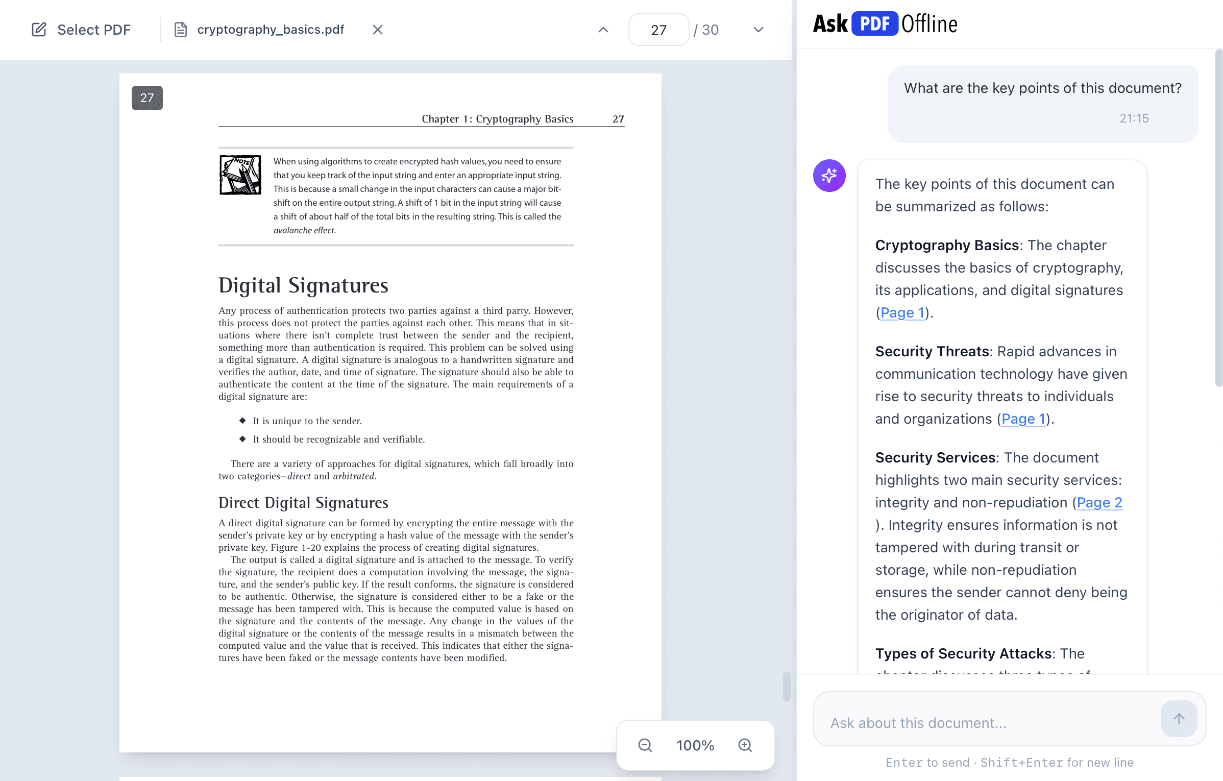 Ask PDF Offline application interface showing PDF viewer and AI chat